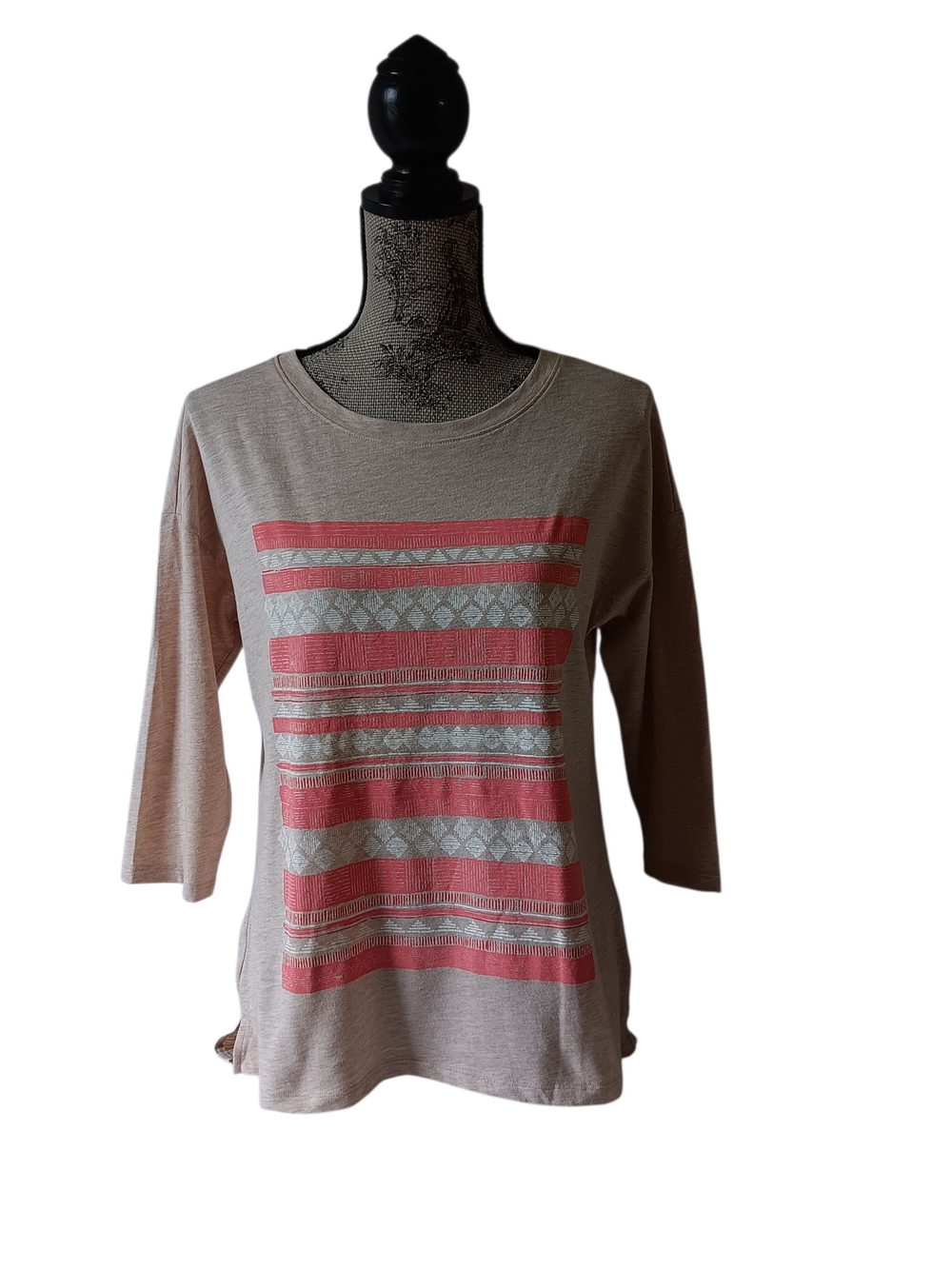 Sonoma women's beige abstract print design long-sleeve top size PM